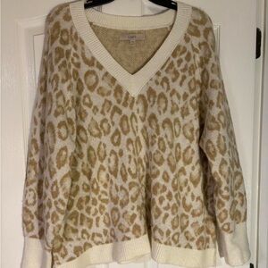 LOFT V-Neck Leopard Print Sweater in Cream and Tan